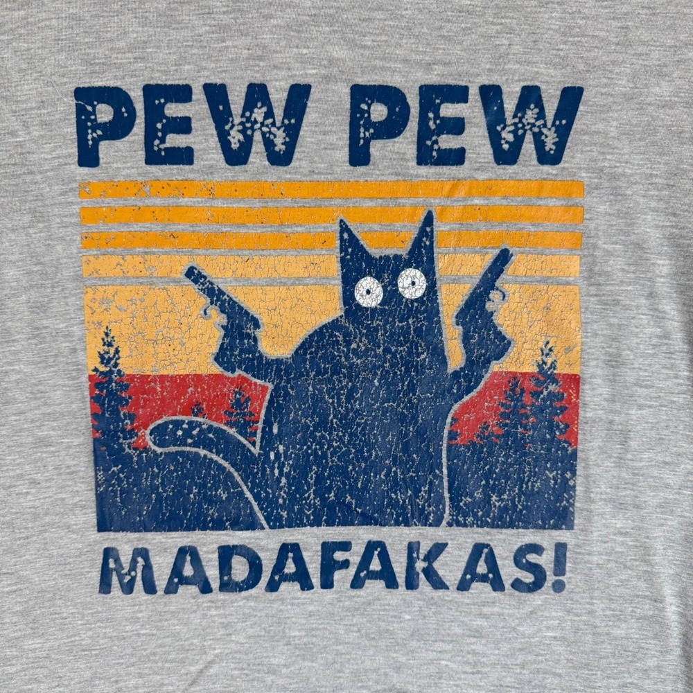 Pew Pew Madafakas Cat Retro Graphic Tee S Sunset Gray T-Shirt Lightweight - Picture 2 of 7